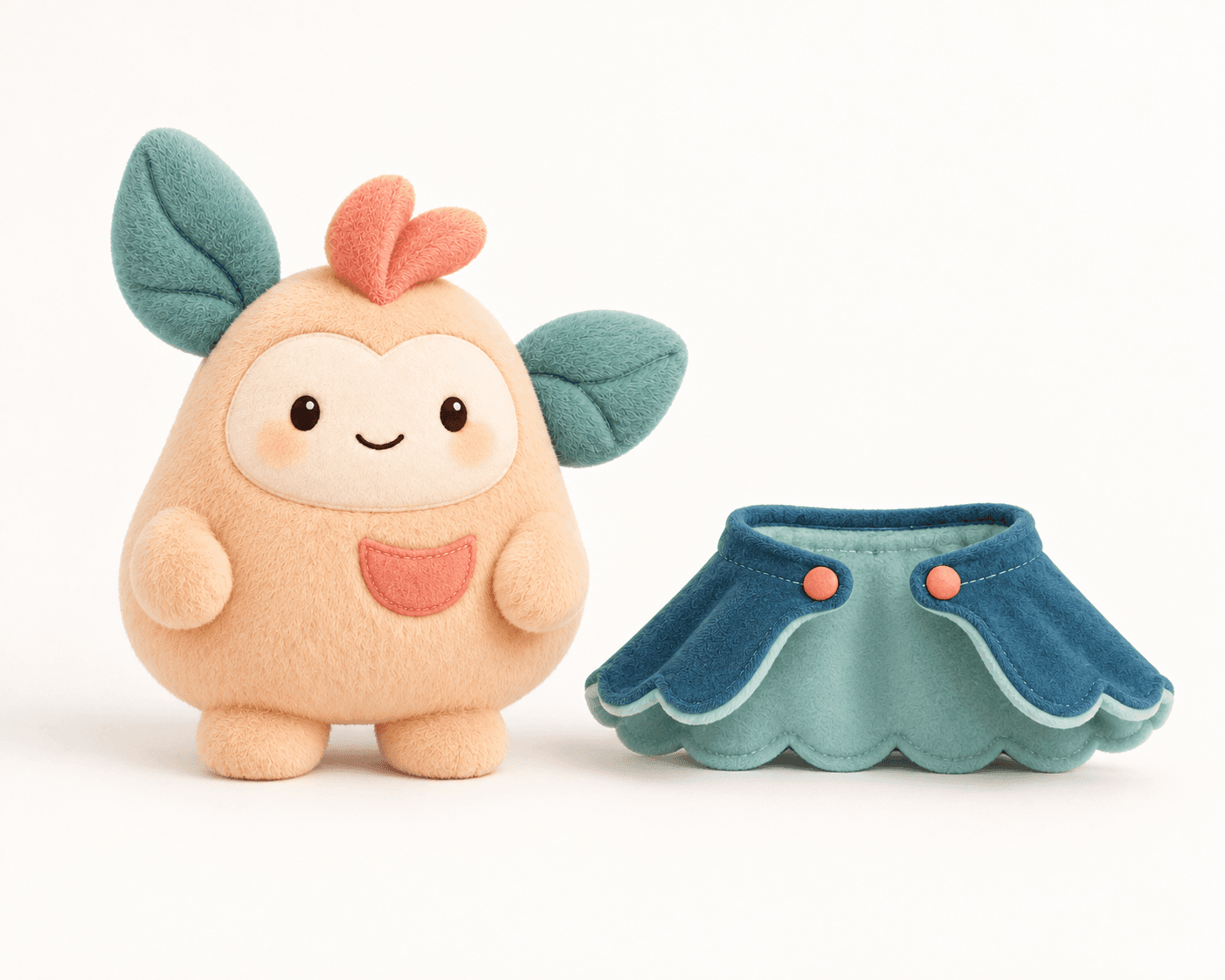 Plush avatar and teal cape shown as separate design components