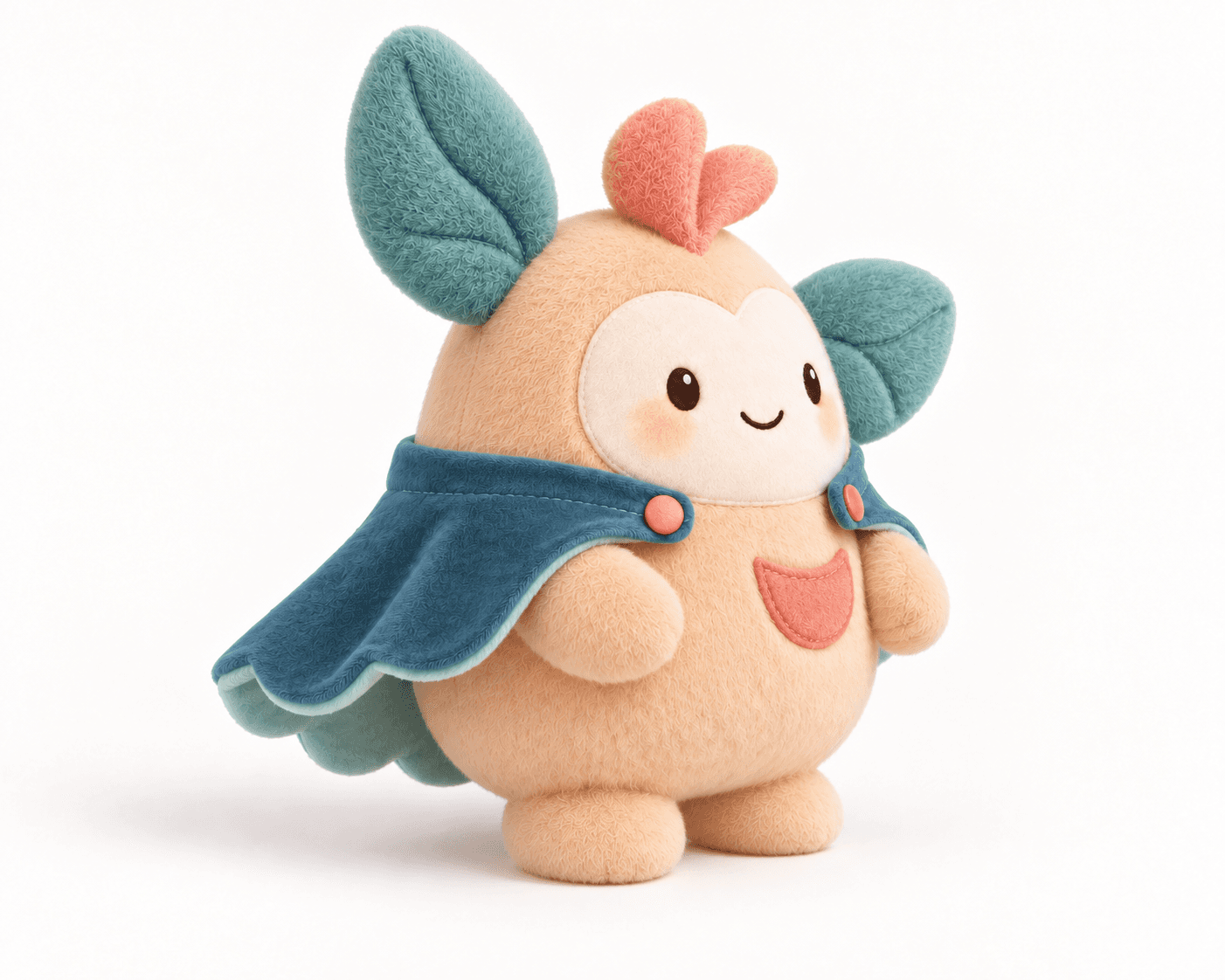 Side view showing the plush character and cape