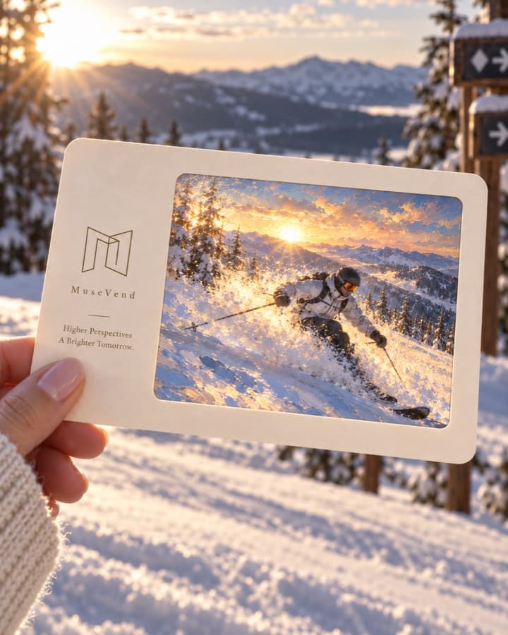 MuseVend skier postcard concept held against a sunlit snowy mountain