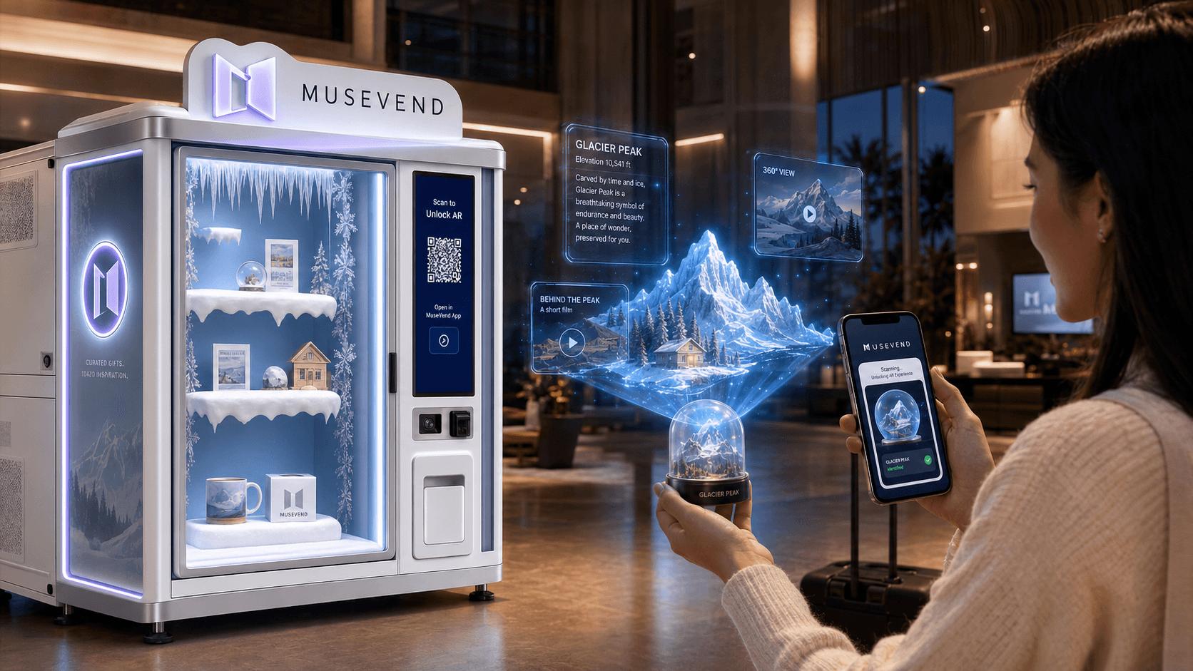 MuseVend smart retail machine in a hotel lobby with a guest scanning a souvenir to unlock an AR landmark.