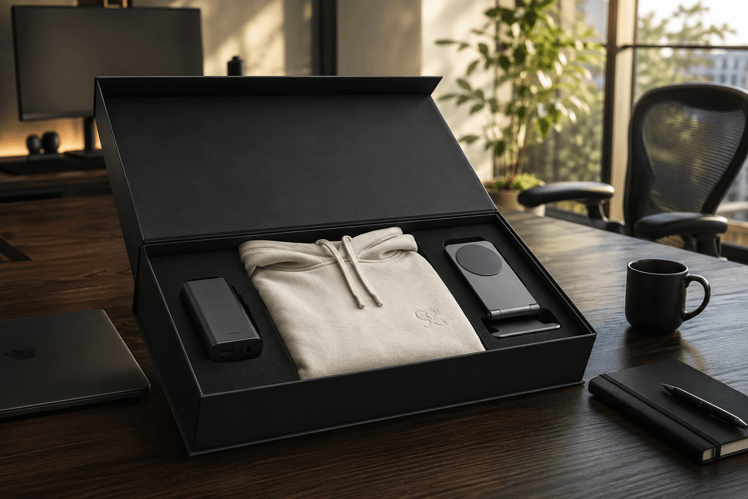 AI unicorn remote-work hardware kit — space-grey 100W GaN hub, heavy-weight hoodie, and aluminum magnetic stand