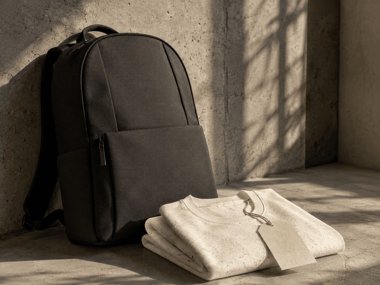 SaaS ESG deployment — recycled PET commuter backpack, unbleached organic cotton tee, OEKO-TEX traceable tags