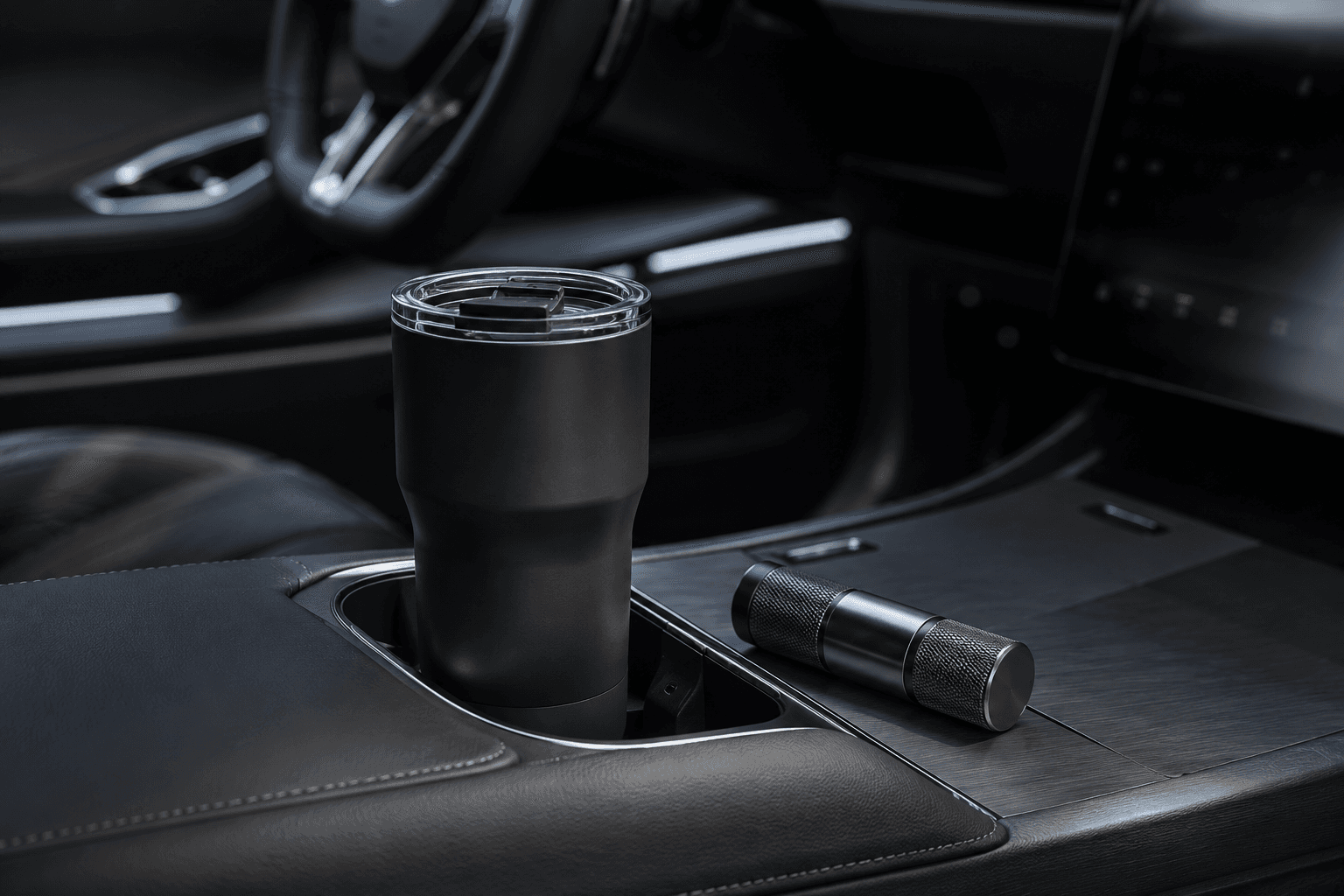 EV owner welcome box — matte black titanium VIN-etched tumbler, milled aluminum microfiber cleaning cylinder