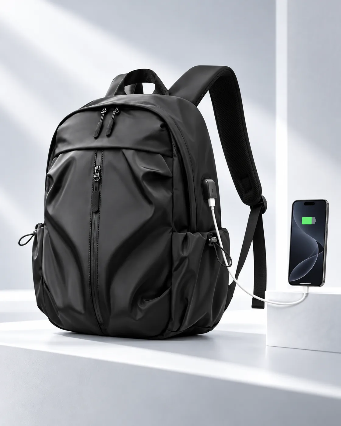 Backpack with an external USB connection and a phone; phone, power bank and cables are not included