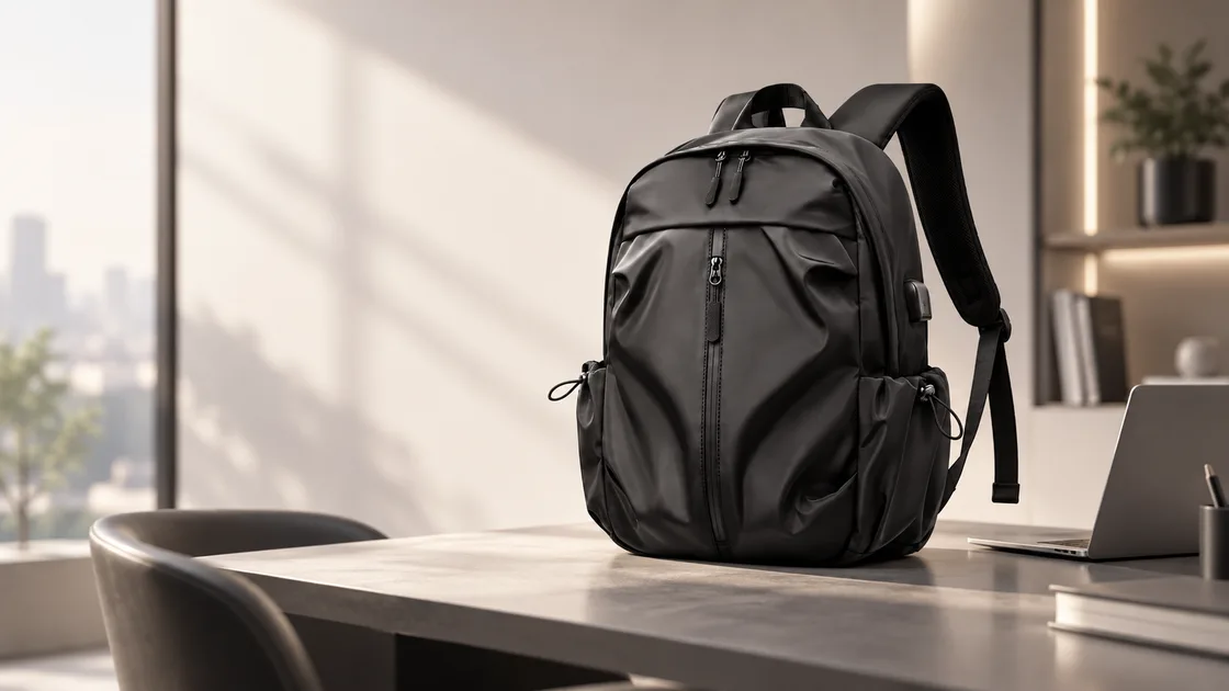 Black commuter backpack on a sunlit office desk