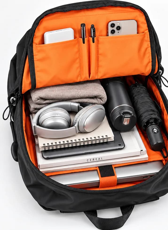 Orange organizer pockets, pen slots, roomy main compartment and laptop retention strap inside the backpack