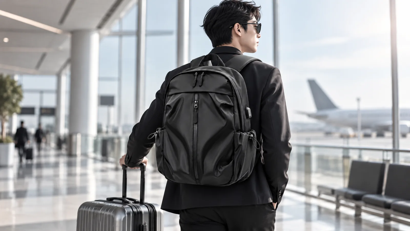 Traveler wearing the black backpack beside a rolling suitcase in an airport terminal