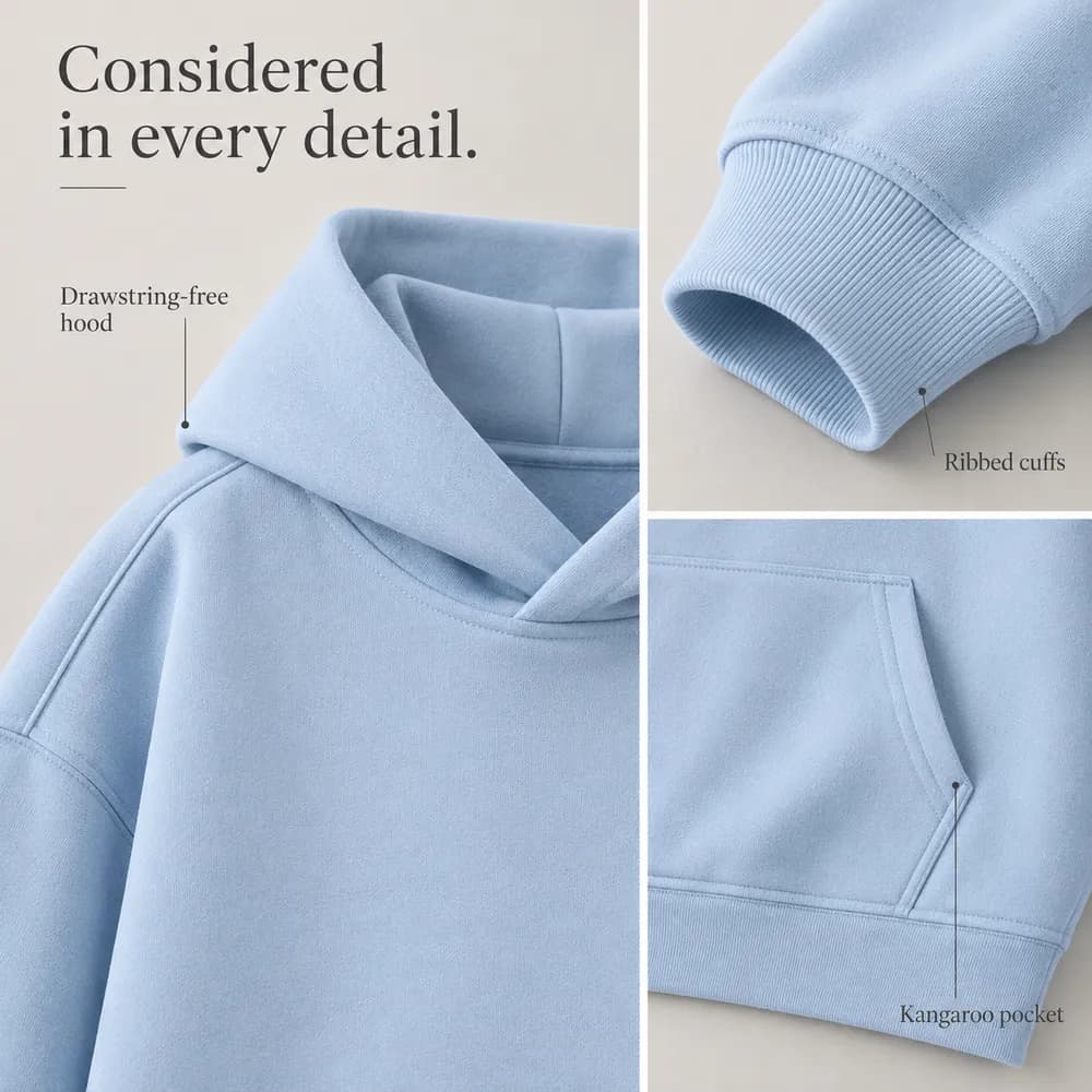 Sky blue hoodie construction: overlapping drawstring-free hood, ribbed cuff and kangaroo pocket