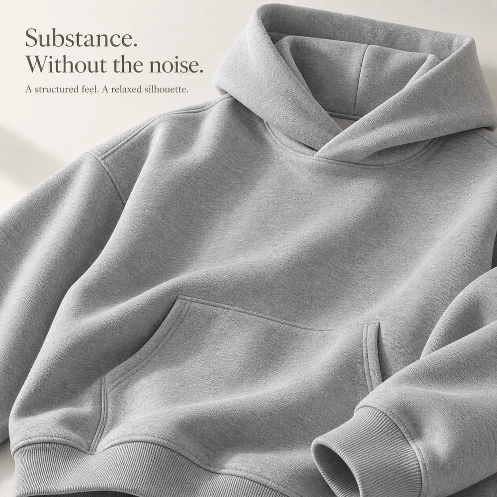 Close-up visualization of heather gray hoodie knit texture, hood and ribbed cuff