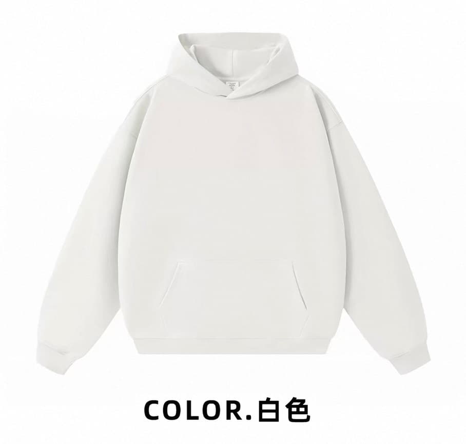 White Signature Hoodie on its original white background: relaxed dropped shoulders, drawstring-free hood and kangaroo pocket