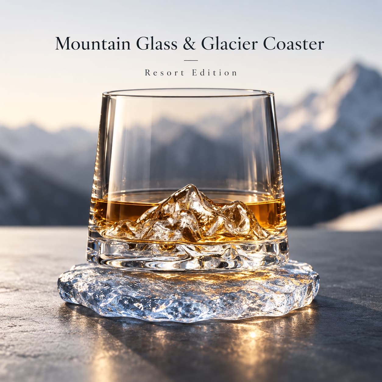Mountain glass and glacier coaster concept with an amber drink against a snowy mountain backdrop