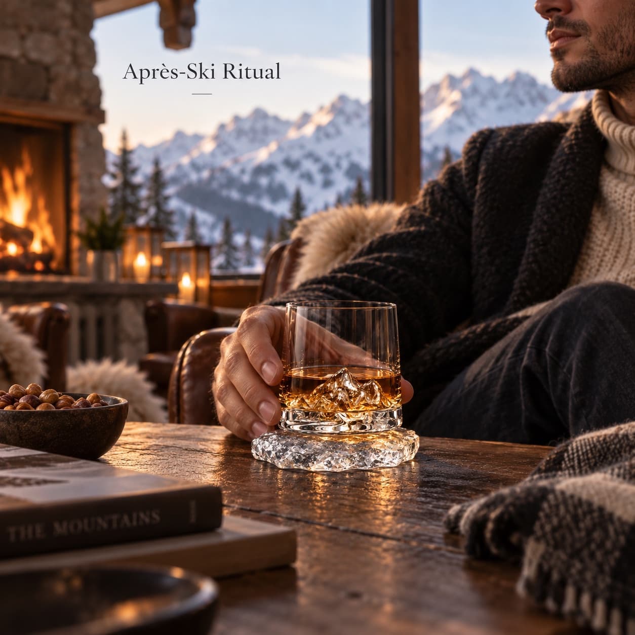 Après-ski lodge concept with a man holding a mountain-base glass beside a fireplace and snowy mountain views