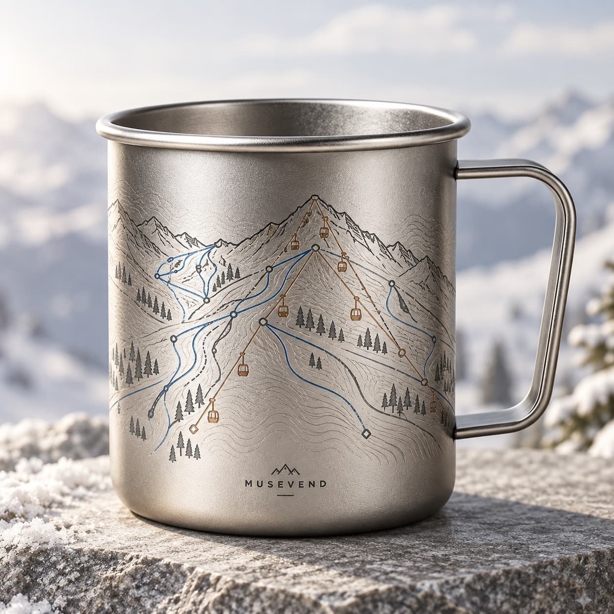 Silver-finish handled mug concept with a colorful ski-trail and lift map on a snowy ledge