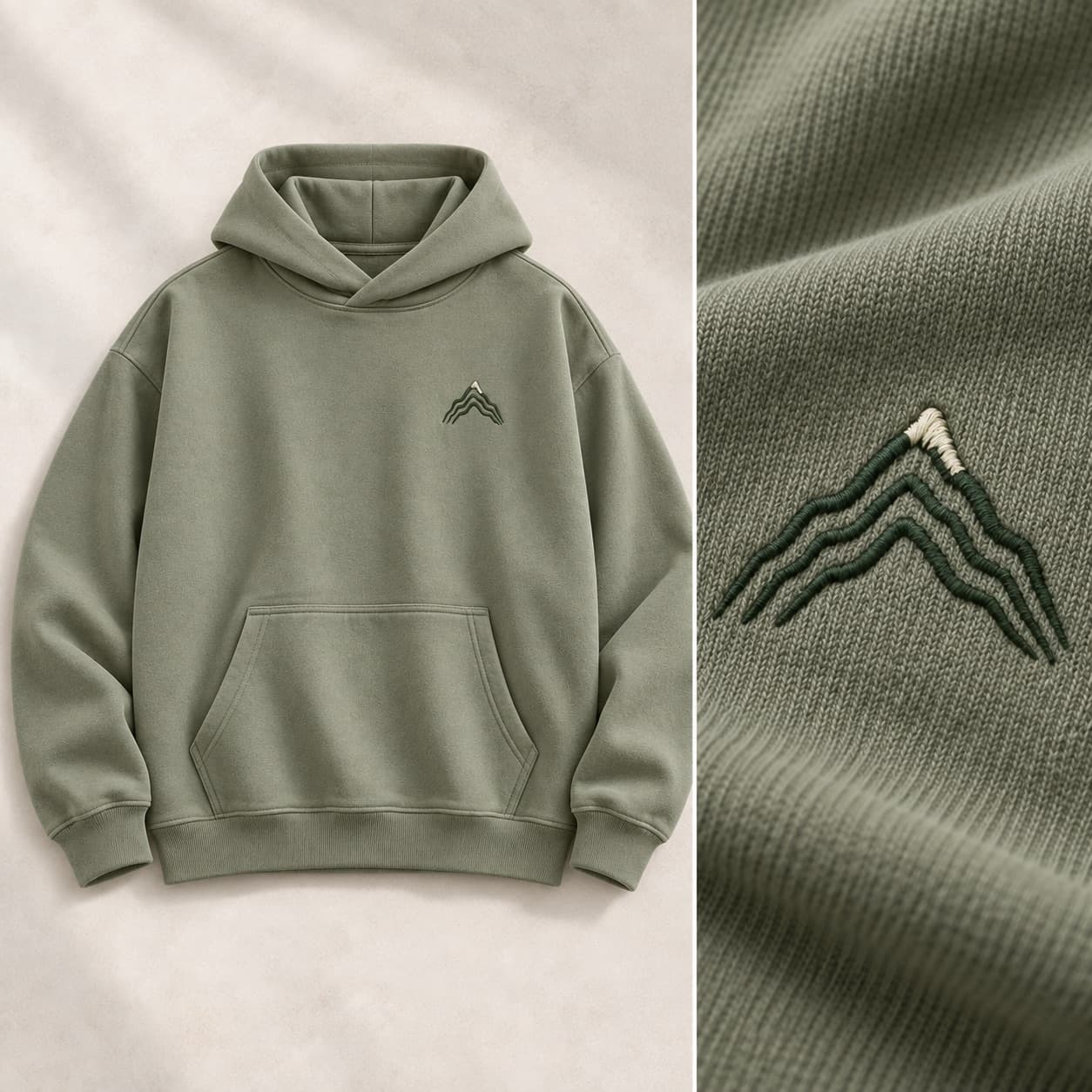 Sage resort hoodie concept with mountain-inspired artwork