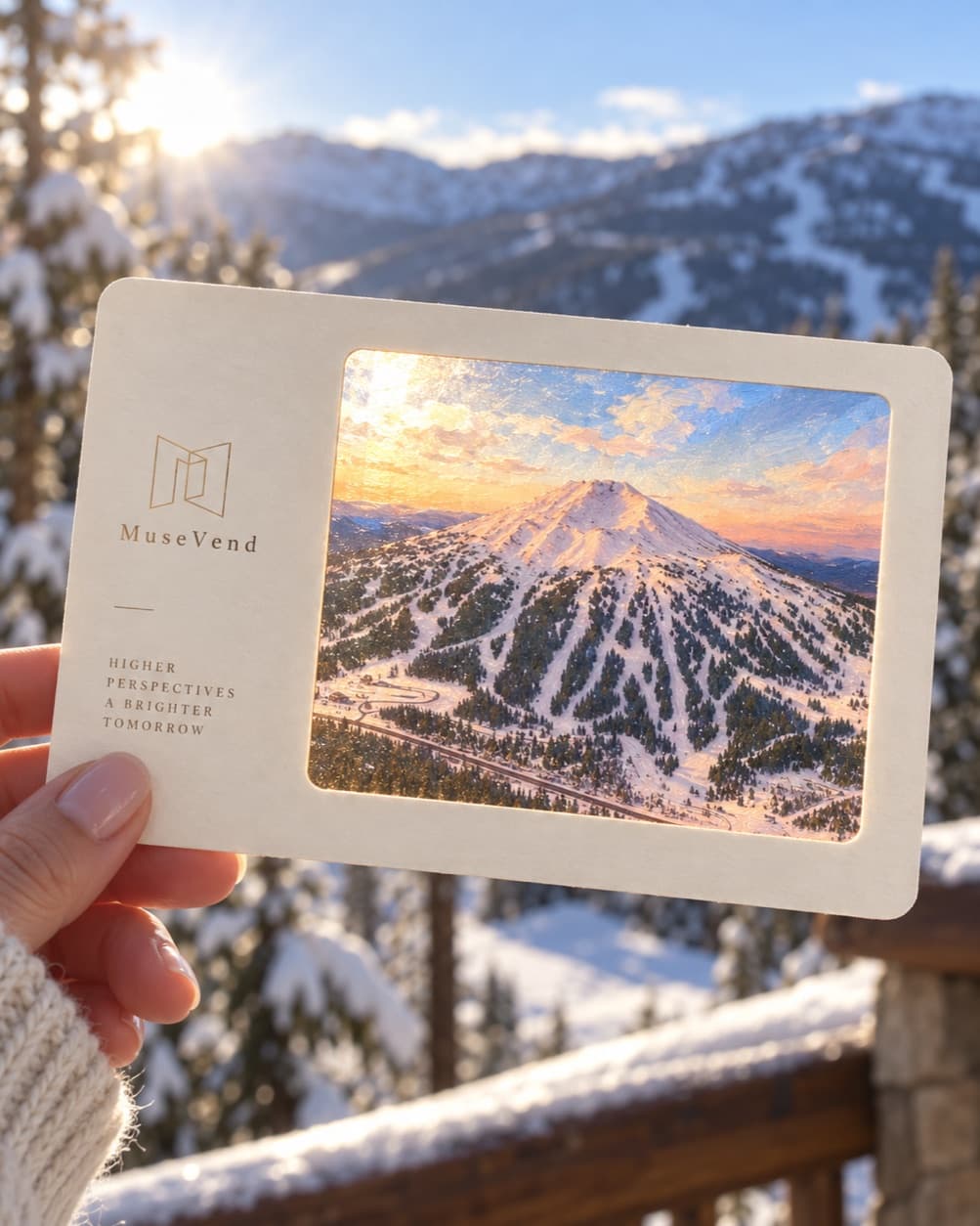 Hand holding a cream MuseVend postcard concept with a translucent sunset mountain window against snow