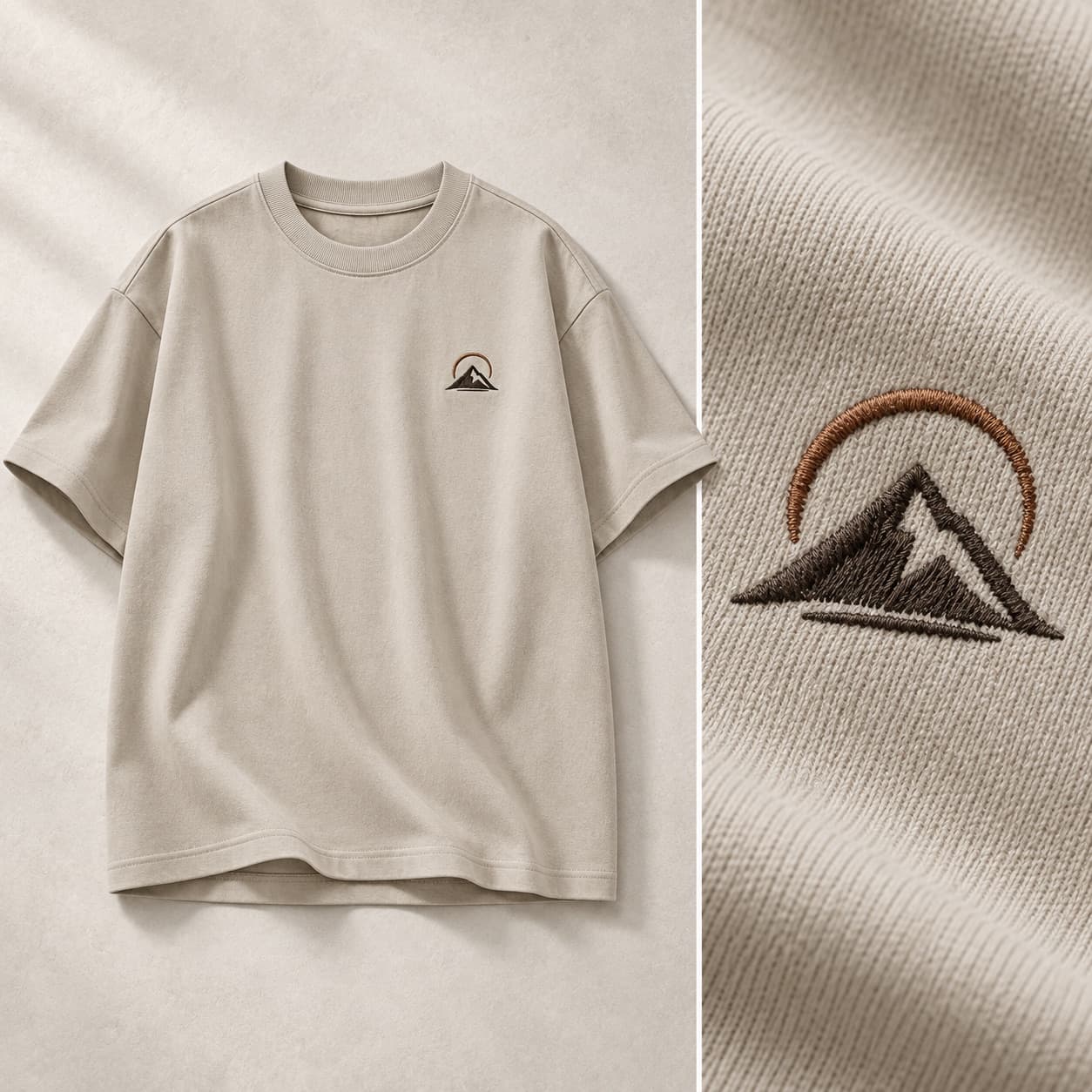 Sand T-shirt concept with a small mountain emblem and embroidery detail
