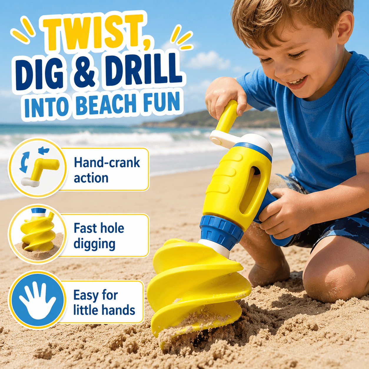 Kids Hand-Crank Beach Sand Drill Toy, Ice Cream Cone Shaped Sand Digger for Beach, Sandbox, Camping & Outdoor Play, Manual Twist Sand Auger Toy for Boys and Girls