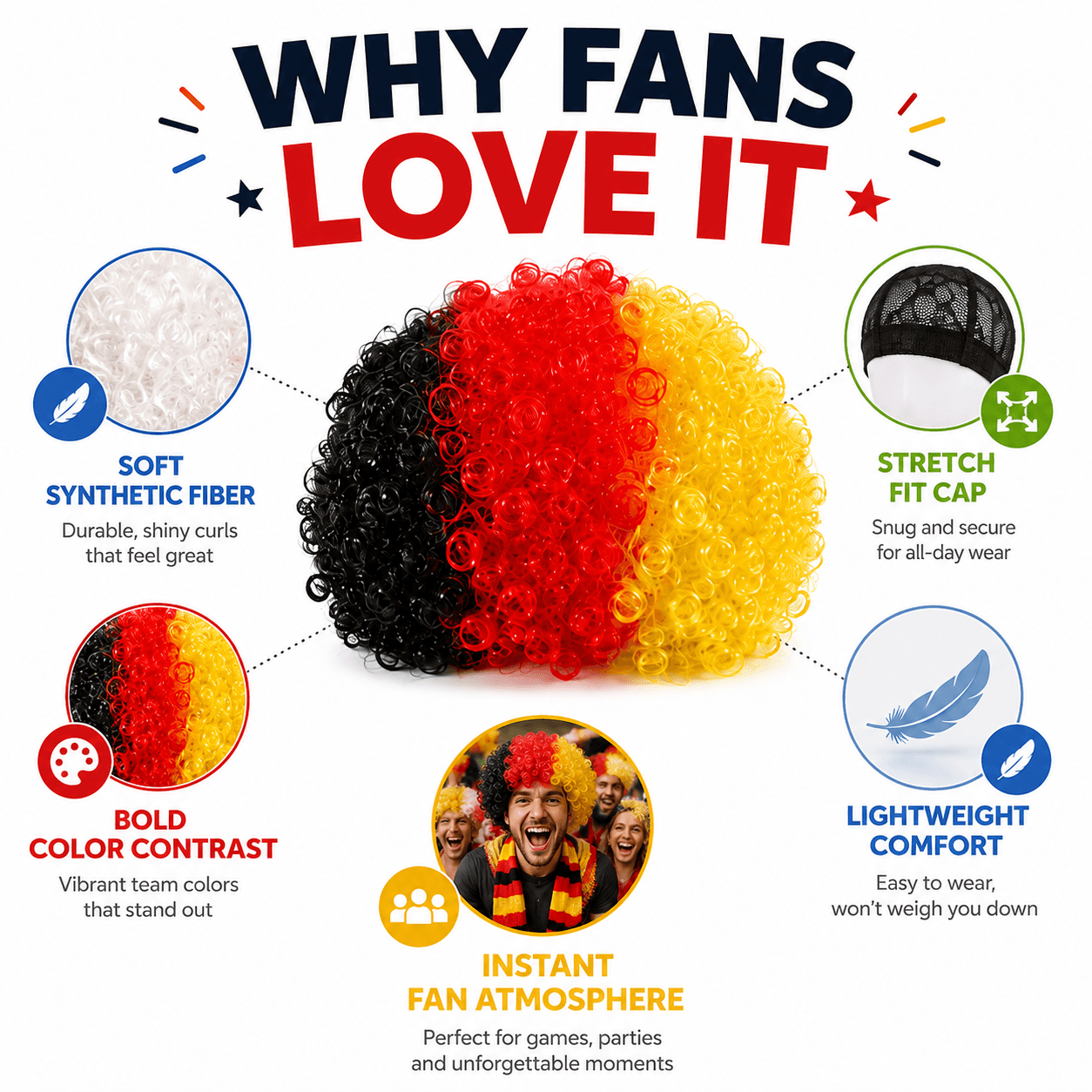 National Team Color Curly Afro Wig, Soccer Fan Party Wig, Lightweight Stretch Cap Costume Wig for World Cup, Stadium Games, Watch Parties, Parades & Patriotic Celebrations