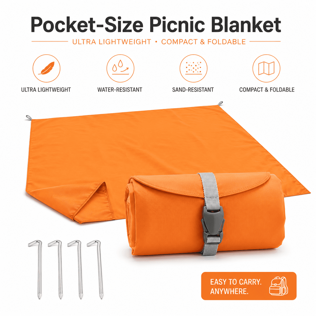 Pocket Picnic Blanket, Waterproof Sandproof Beach Mat, Ultra Lightweight Foldable Outdoor Blanket with 4 Stakes, Compact Travel Picnic Mat for Beach, Park, Camping, Baby Play, Hiking & Family Trips