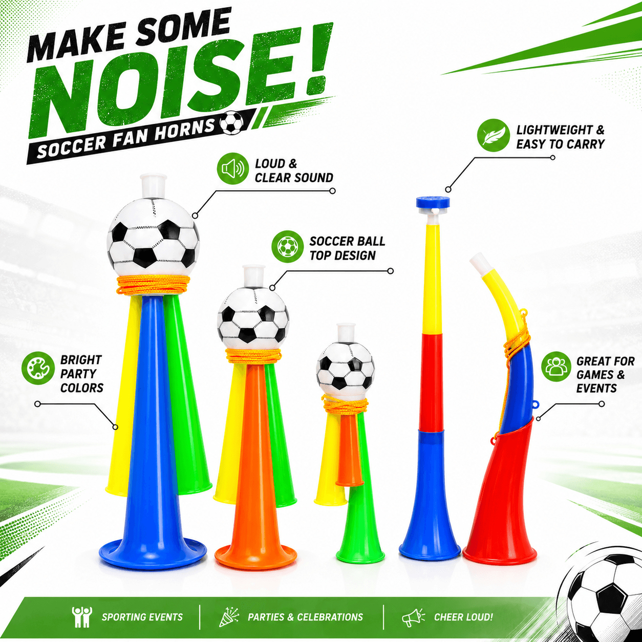 Soccer Fan Horn Noisemakers, Loud Cheer Horns for Sports Games, Football Party Noise Makers, Colorful Plastic Stadium Horns with Soccer Ball Top, Game Day Cheer Props for Fans, Parties and Events