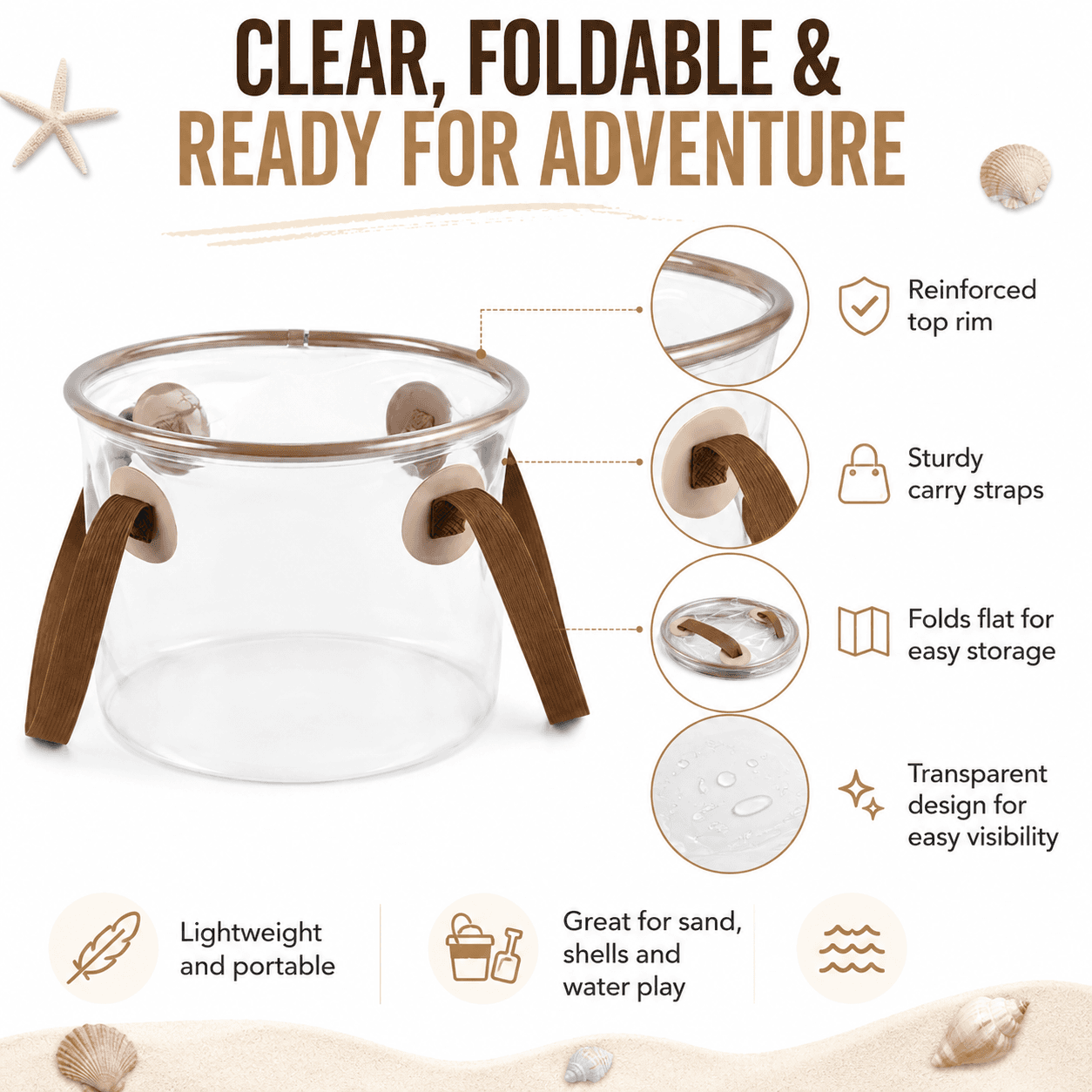Collapsible Clear Beach Bucket for Kids, Portable Folding Water Pail with Handles, Transparent PVC Sand & Seashell Collection Bucket for Beach, Camping, Tide Pooling, Family Outdoor Play